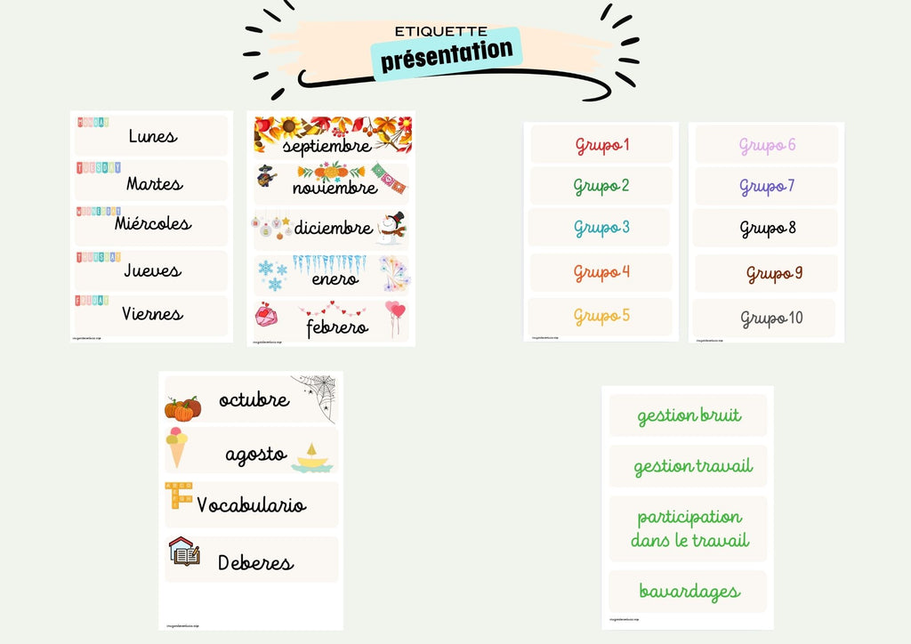 Etiquettes en espagnol pour le tableau + cartes pour les groupes de travail