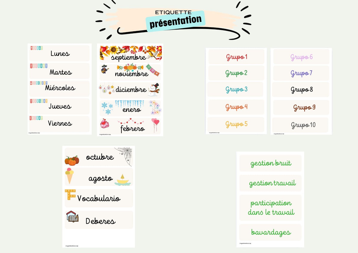 Etiquettes en espagnol pour le tableau + cartes pour les groupes de travail
