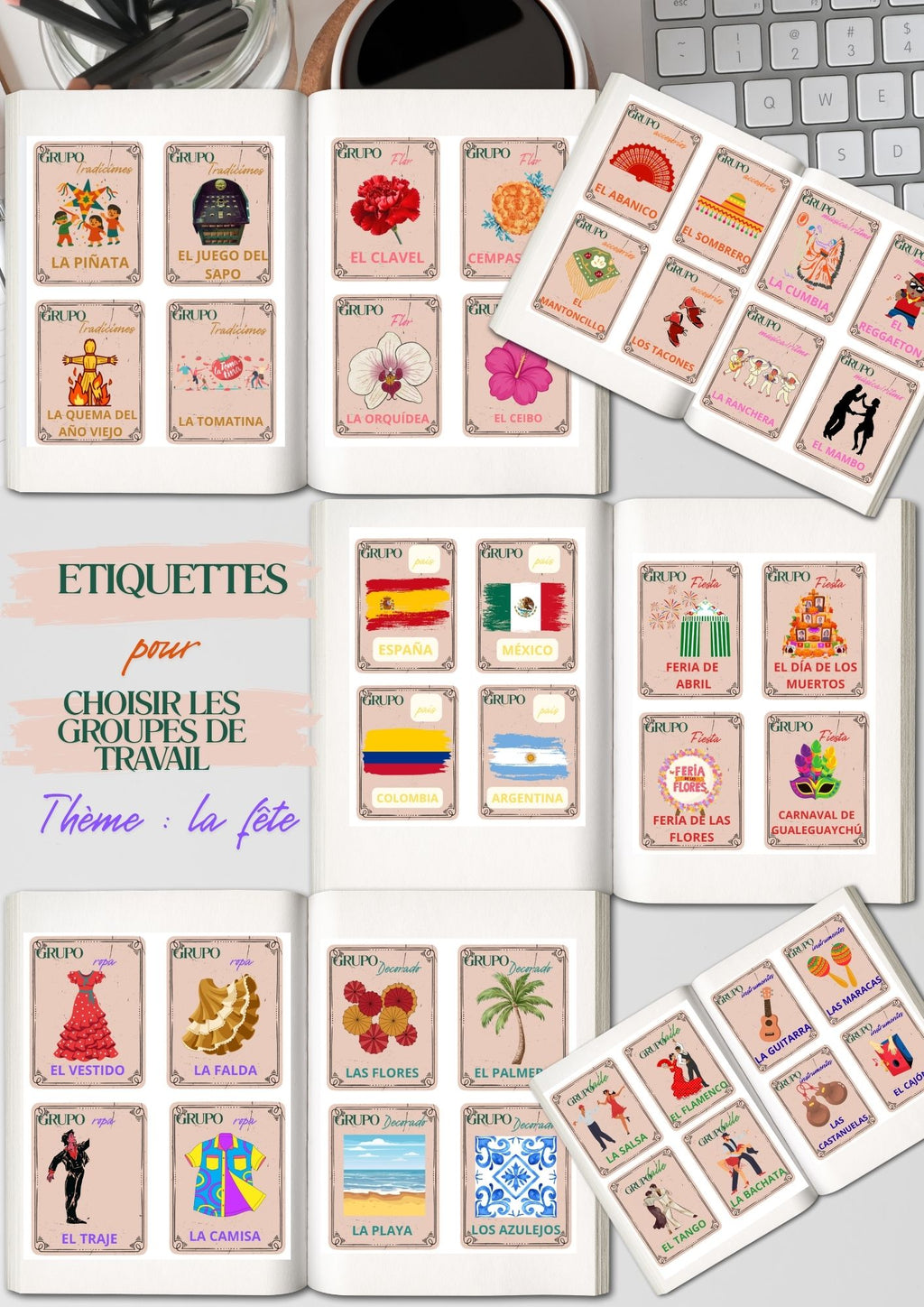 Etiquettes en espagnol pour le tableau + cartes pour les groupes de travail